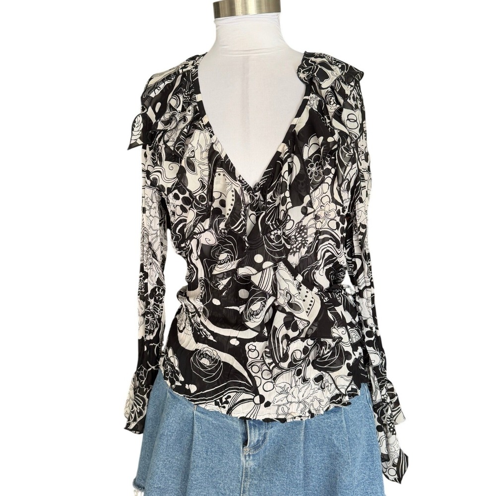 Vintage Violet & Claire Y2k Wrap Top L Black White Floral Ruffle Blouse